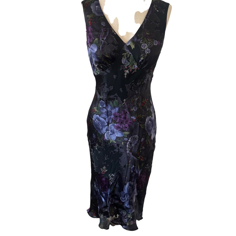 Valerie Stevens Silk Blend Burnout Floral Whimsigoth Beaded Midi Dress Black 4